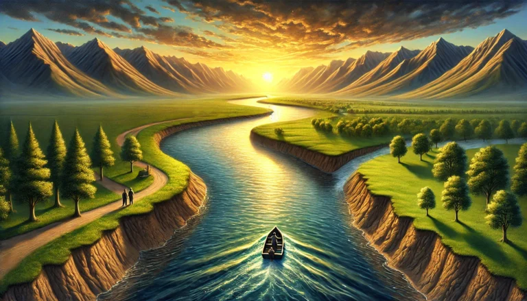 A wide river flowing through a green valley with a lone boat, symbolizing free will and life choices.