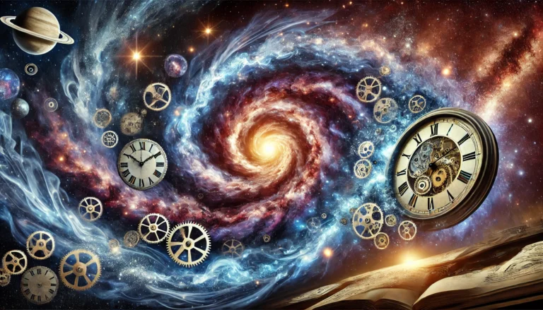 Swirling galaxy merges with clock faces in a cosmic scene, symbolizing the concept of time and space.”