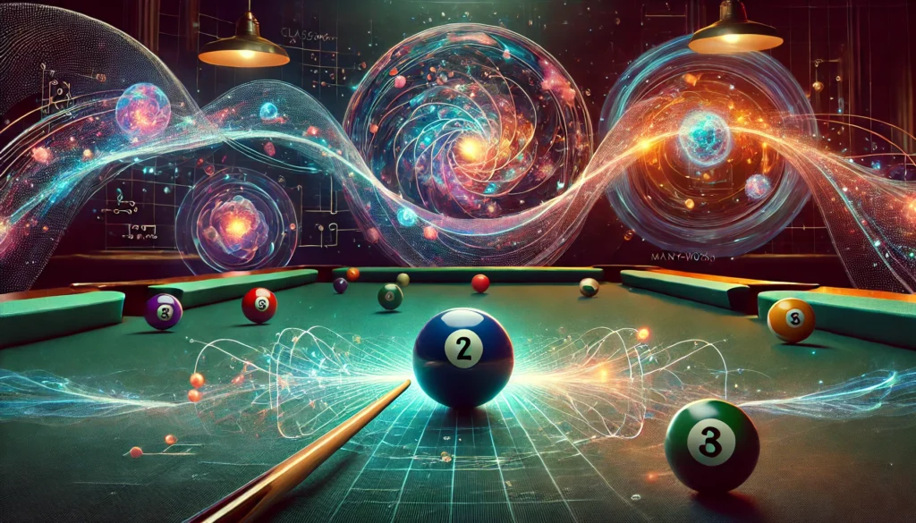 Quantum entanglement illustration featuring two billiard balls colliding, transitioning into glowing particles connected by a wave, with a sphere symbolizing the Many-Worlds Interpretation.