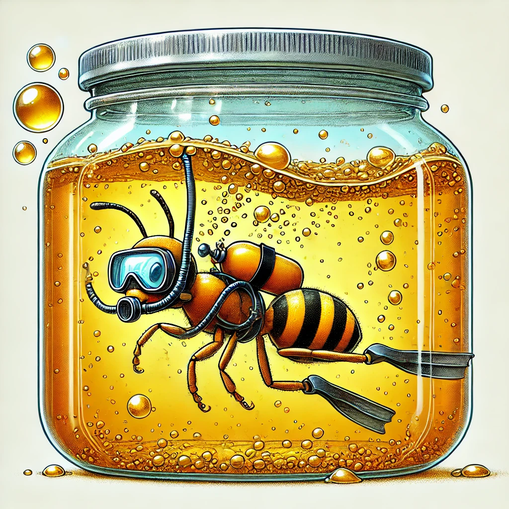 Illustration of an ant wearing scuba gear, including an oxygen tank, mask, and flippers, swimming in honey inside a sealed glass jar.