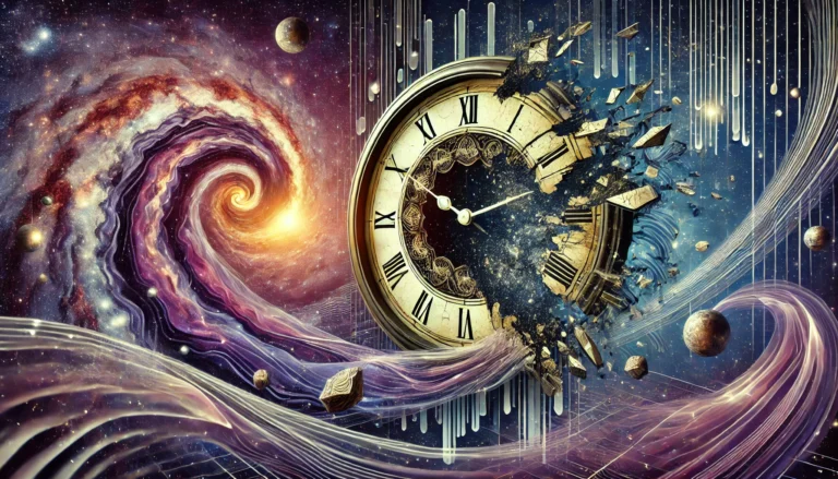 An hourglass with sand flowing upward, symbolizing non-linear time, surrounded by fractals and light ribbons with a cosmic galaxy background.