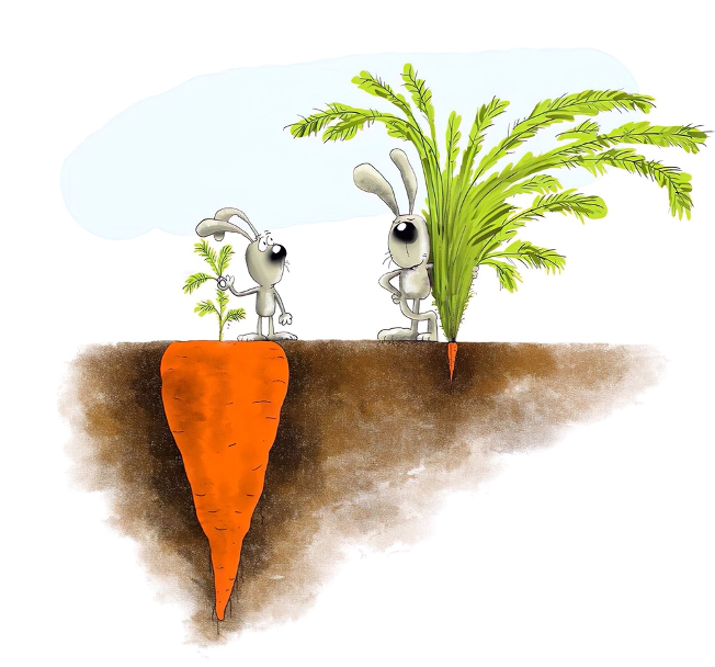 Two rabbits symbolizing perception versus reality, with one rabbit showing a large carrot below the surface and the other showing a small carrot above the surface, illustrating impression management in the workplace.